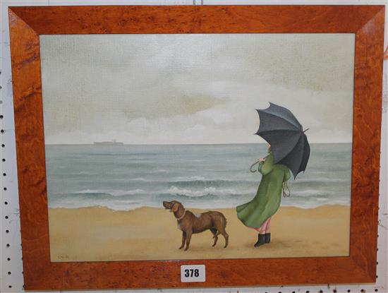 C.K. oil on canvas, Girl with a dog on a windy beach, signed monogram